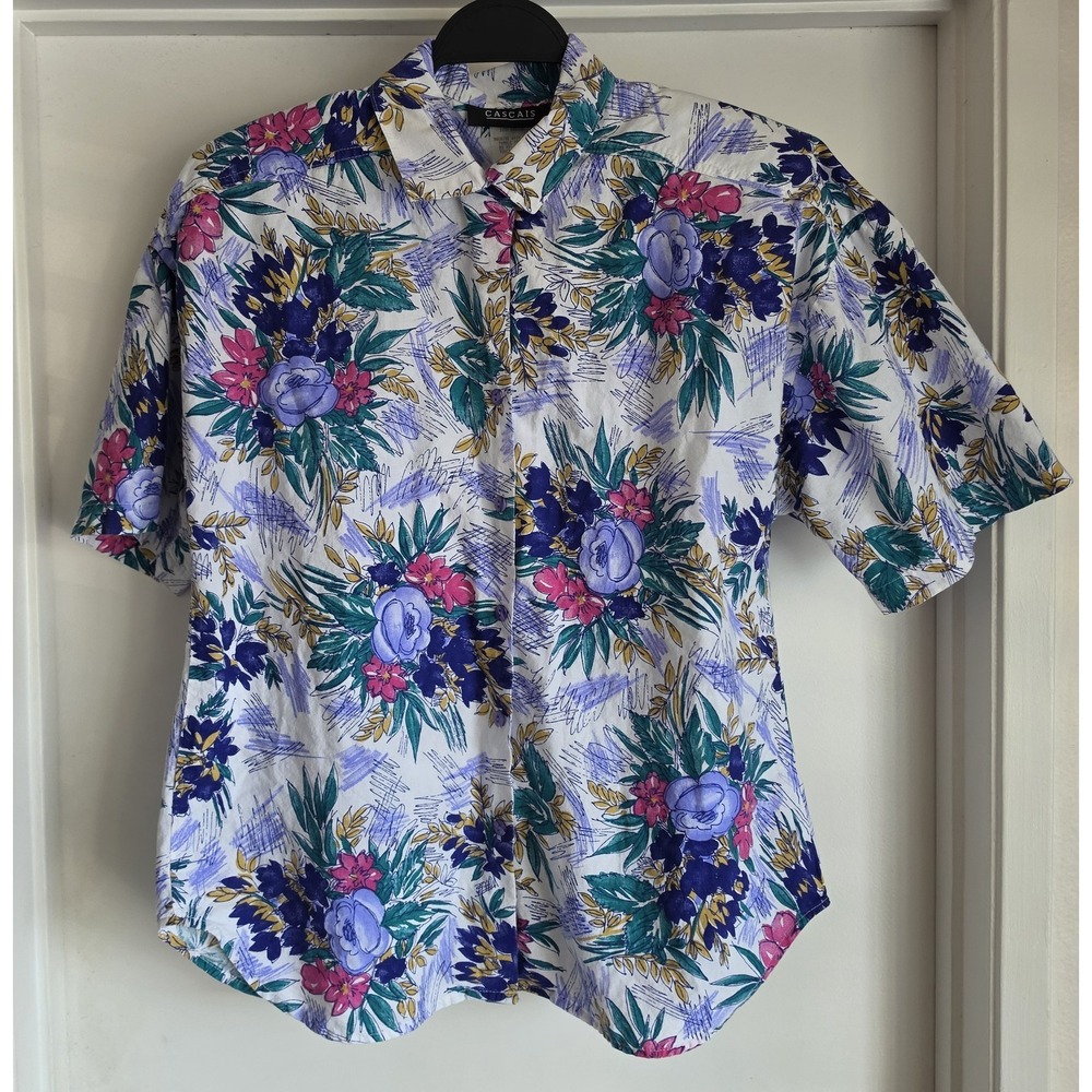 VTG Cascais Blouse Women Medium Floral Short Sleeve White Blue Pink Cotton Retro